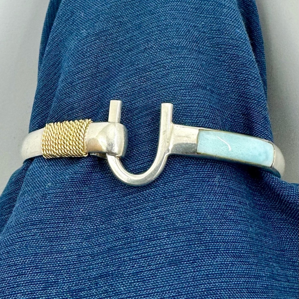 LARIMAR MINES 14K Gold Braided Sterling Silver Larimar Hook-on Bangle Bracelet